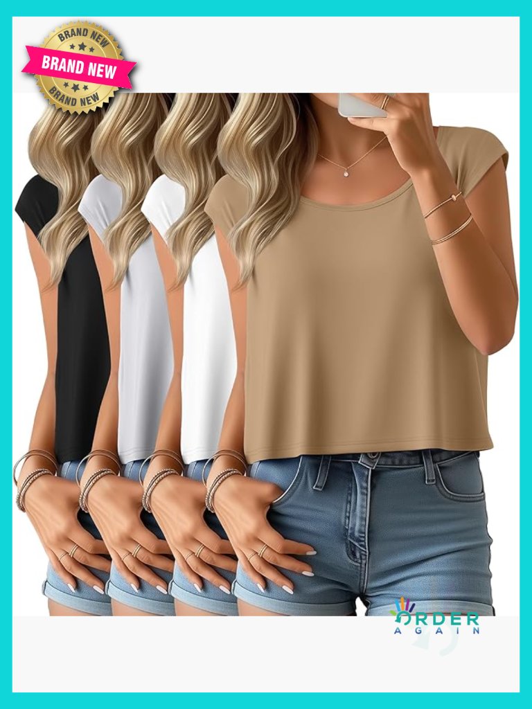 4 Pack Crop Tops Cap Sleeve Scoop Neck Cropped Short Sleeve Casual Loose Tee